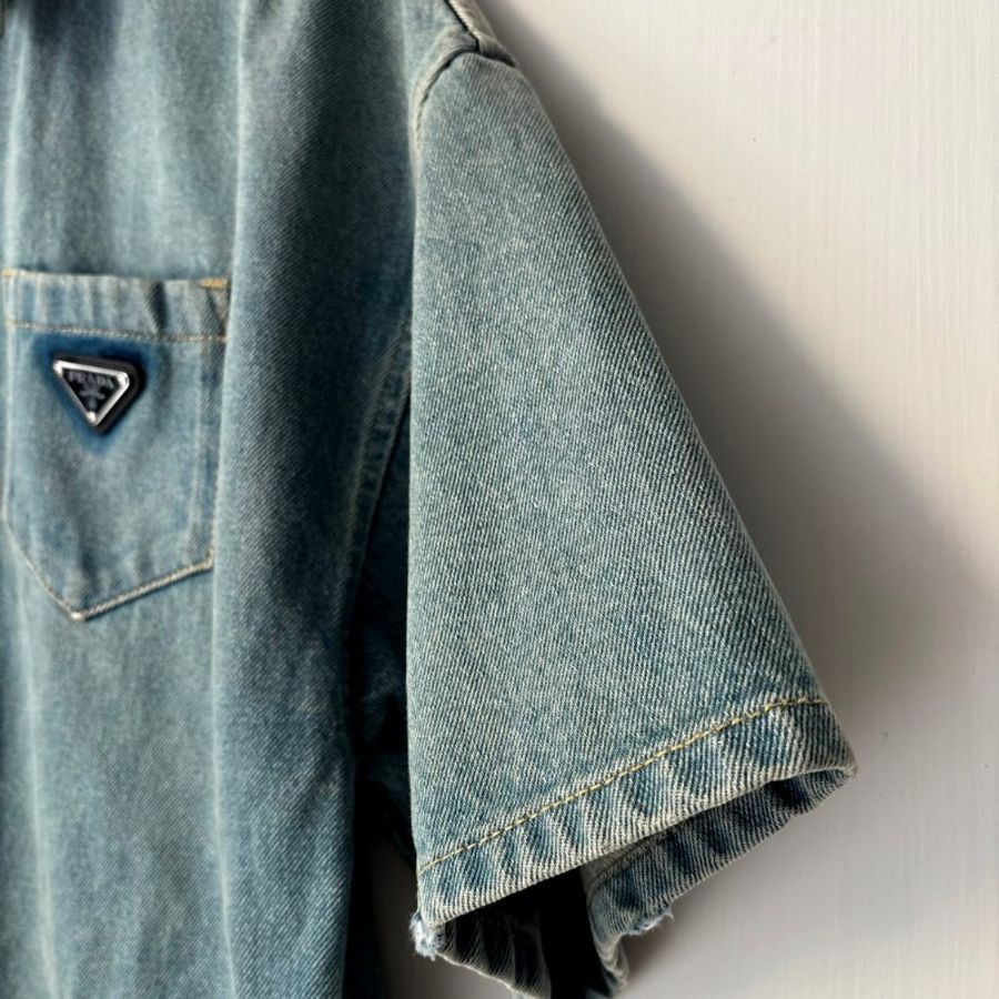 38號 ::Prada:: 經典三角牌 水洗丹寧牛仔連身短褲 連身褲 連衣褲 2022 Medium Wash Denim Button Up Romper-14