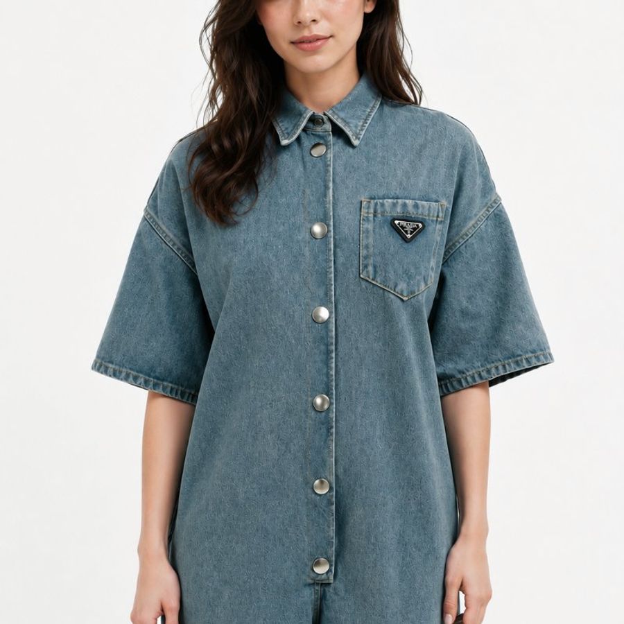 38號 ::Prada:: 經典三角牌 水洗丹寧牛仔連身短褲 連身褲 連衣褲 2022 Medium Wash Denim Button Up Romper-0