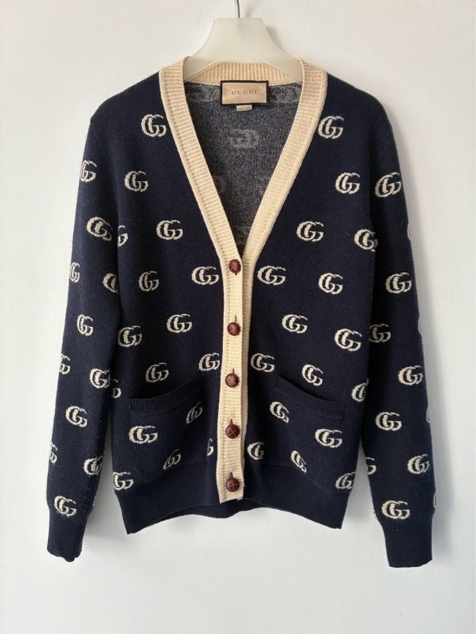 Gucci 深藍白滿版雙G針織上衣/外套S-0