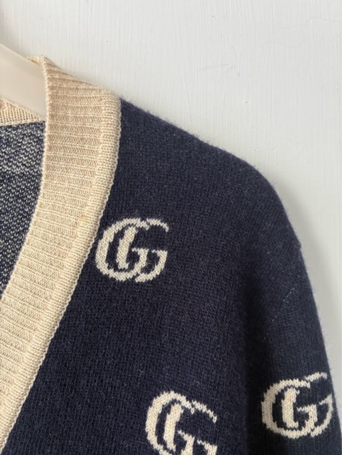Gucci 深藍白滿版雙G針織上衣/外套S-3