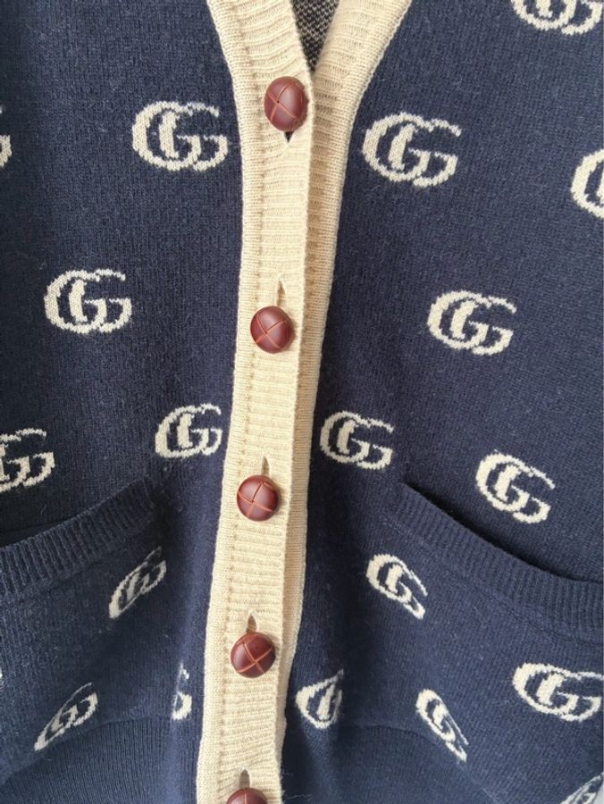 Gucci 深藍白滿版雙G針織上衣/外套S-5