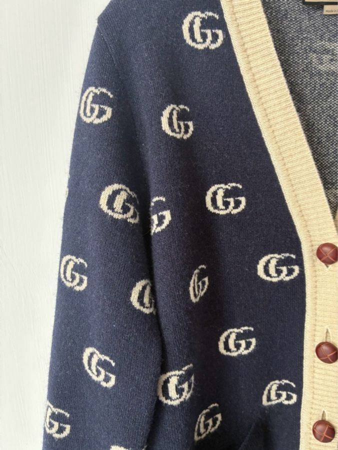 Gucci 深藍白滿版雙G針織上衣/外套S-7