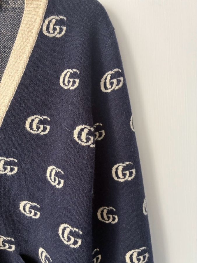 Gucci 深藍白滿版雙G針織上衣/外套S-8