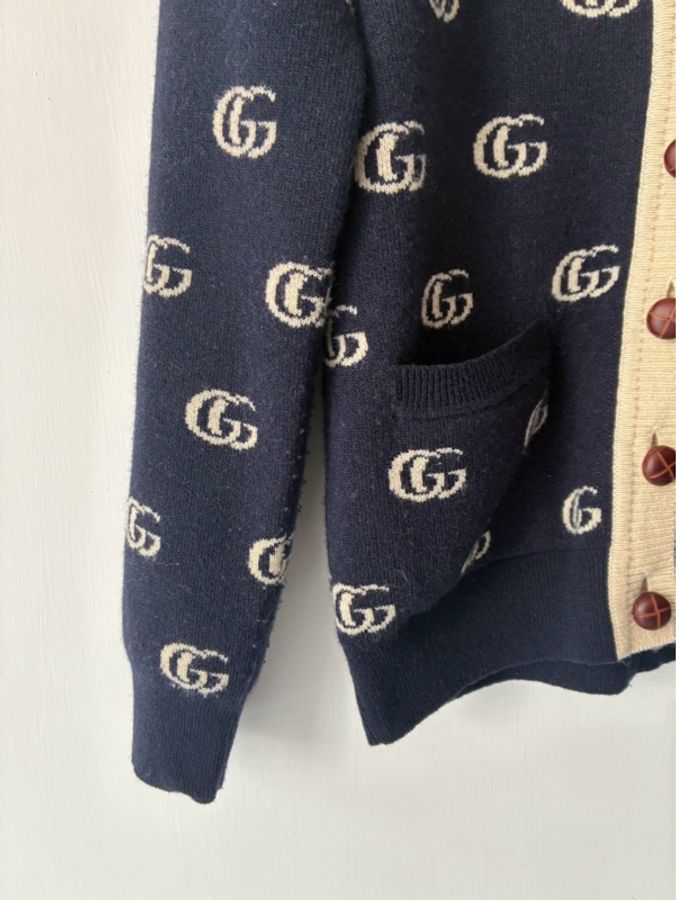Gucci 深藍白滿版雙G針織上衣/外套S-10