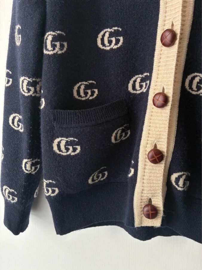 Gucci 深藍白滿版雙G針織上衣/外套S-11