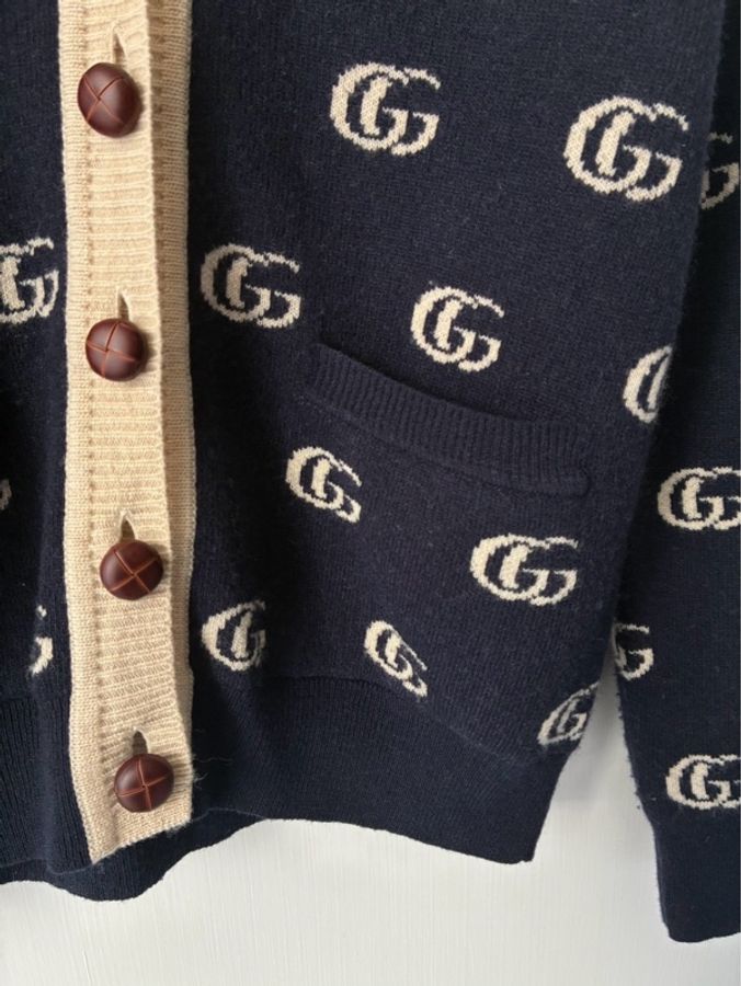 Gucci 深藍白滿版雙G針織上衣/外套S-12