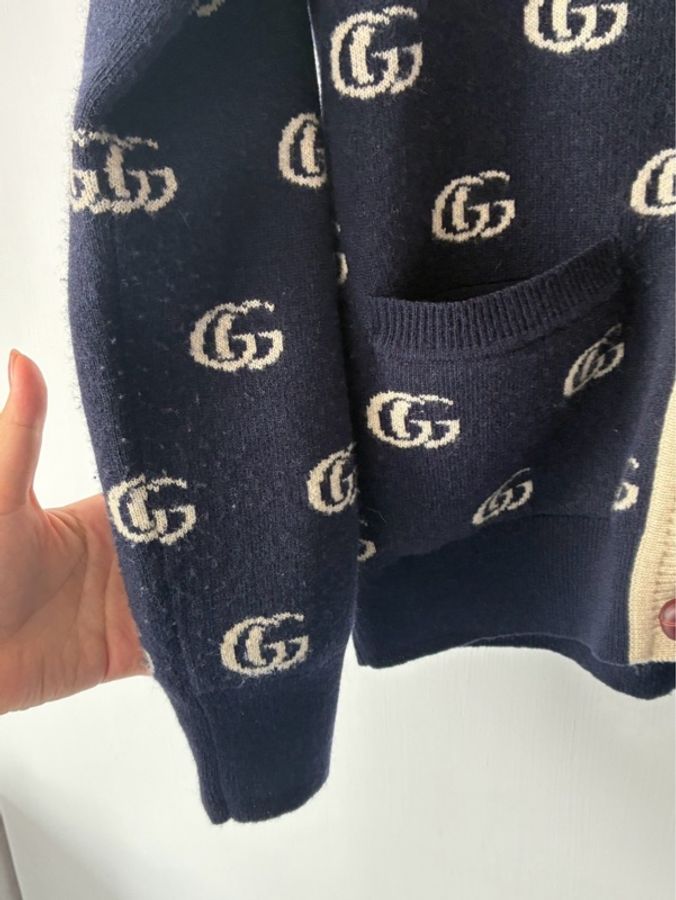 Gucci 深藍白滿版雙G針織上衣/外套S-16