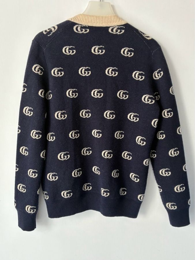 Gucci 深藍白滿版雙G針織上衣/外套S-23