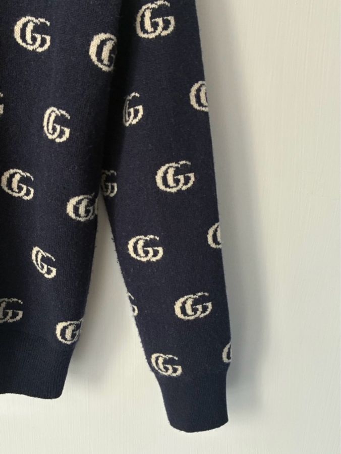 Gucci 深藍白滿版雙G針織上衣/外套S-28