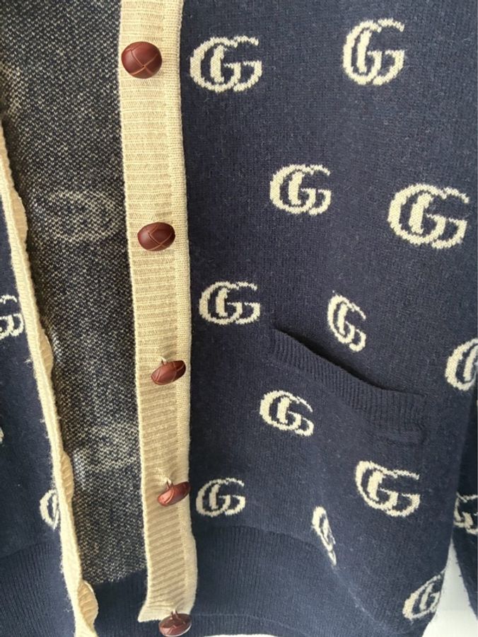 Gucci 深藍白滿版雙G針織上衣/外套S-32