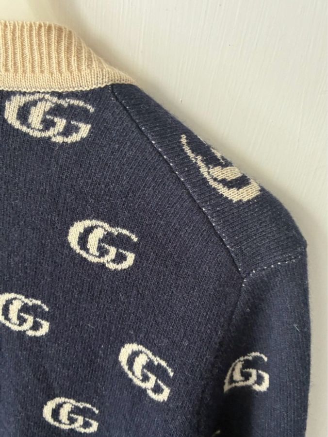 Gucci 深藍白滿版雙G針織上衣/外套S-34