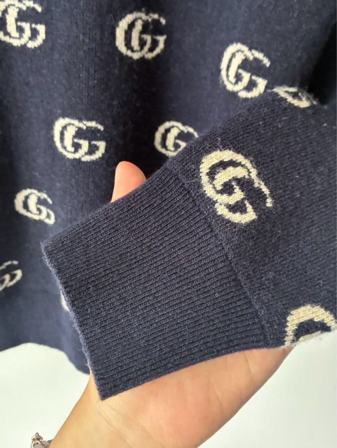 Gucci 深藍白滿版雙G針織上衣/外套S-36