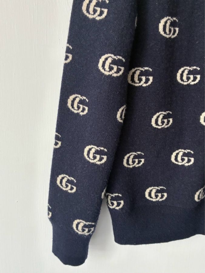 Gucci 深藍白滿版雙G針織上衣/外套S-39