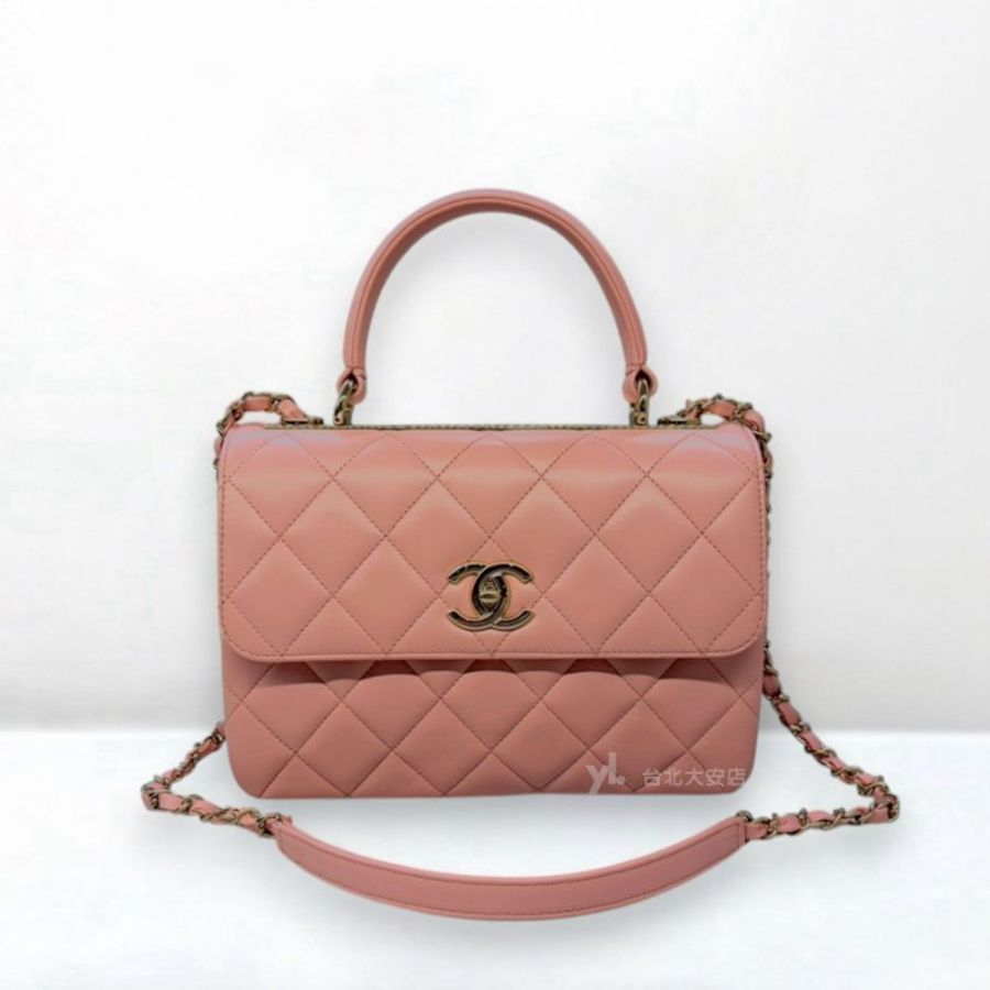 A13404-Chanel Trendy cc櫻花粉羊皮淡金釦手提口蓋包A92236-0