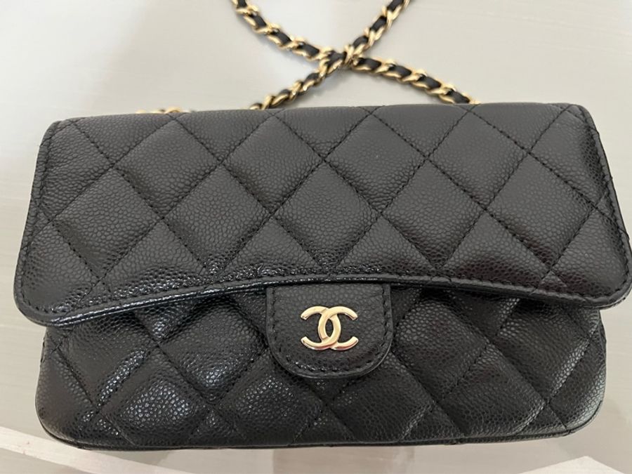 CHANEL 香奈兒 黑色荔枝皮斜背手機包｜金色CC｜WOC手機包｜附購證 全配-7