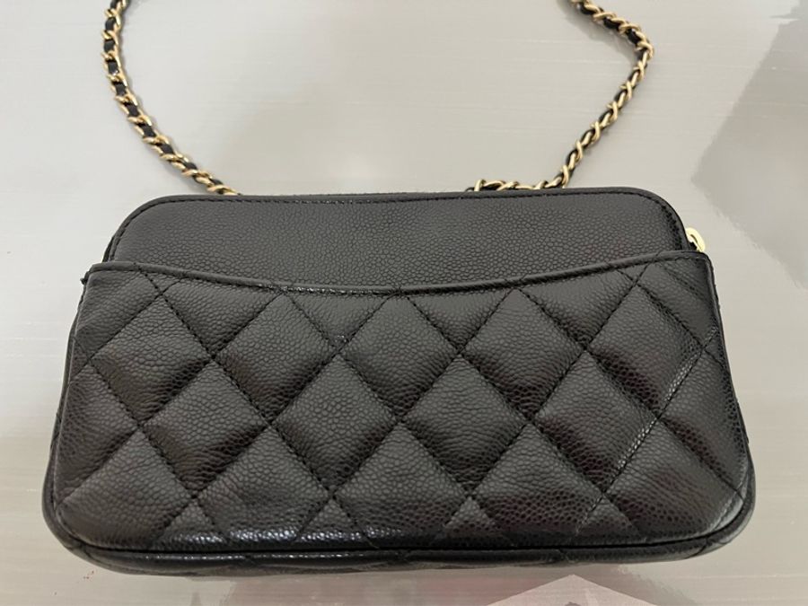CHANEL 香奈兒 黑色荔枝皮斜背手機包｜金色CC｜WOC手機包｜附購證 全配-11