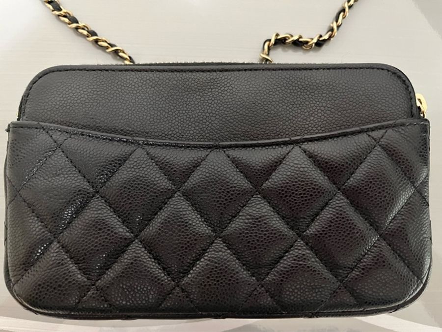 CHANEL 香奈兒 黑色荔枝皮斜背手機包｜金色CC｜WOC手機包｜附購證 全配-12