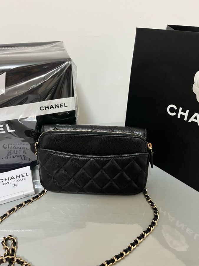 CHANEL 香奈兒 黑色荔枝皮斜背手機包｜金色CC｜WOC手機包｜附購證 全配-28