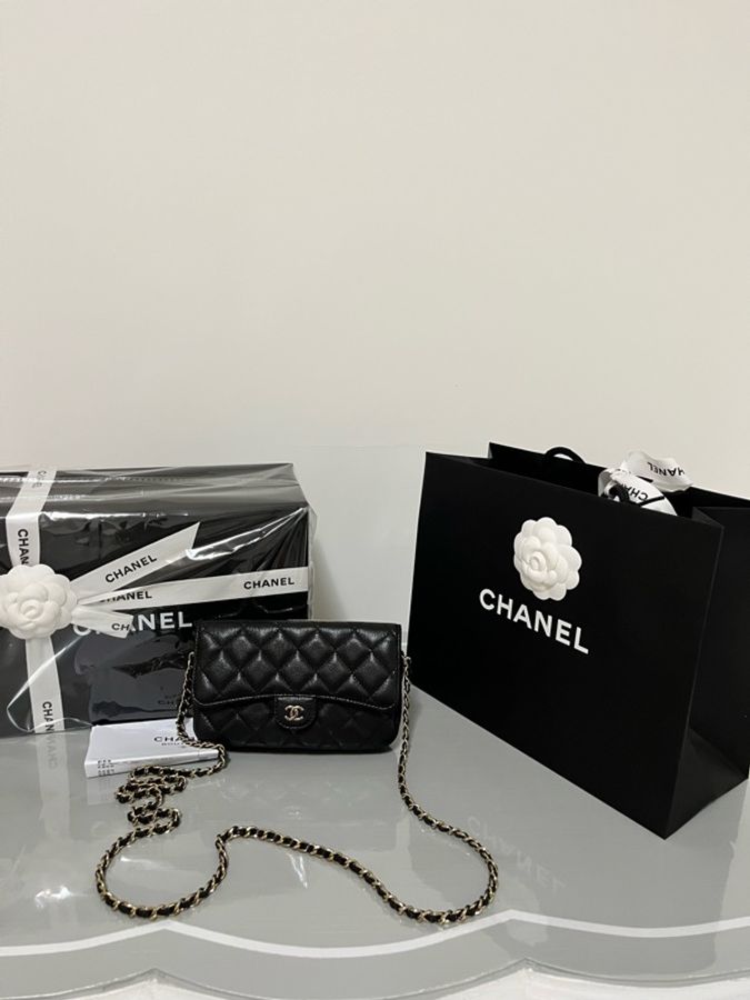 CHANEL 香奈兒 黑色荔枝皮斜背手機包｜金色CC｜WOC手機包｜附購證 全配-30