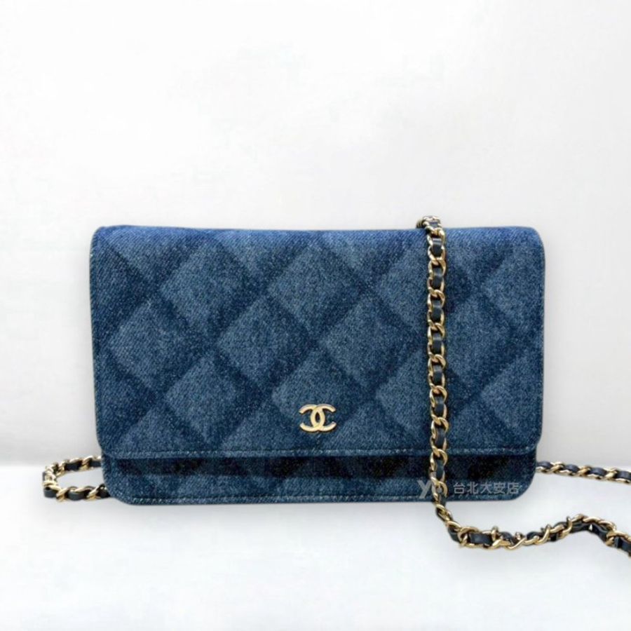 A13411-CHANEL 藍色單寧布菱格紋淡金釦WOC鍊帶錢包/AP0250-0