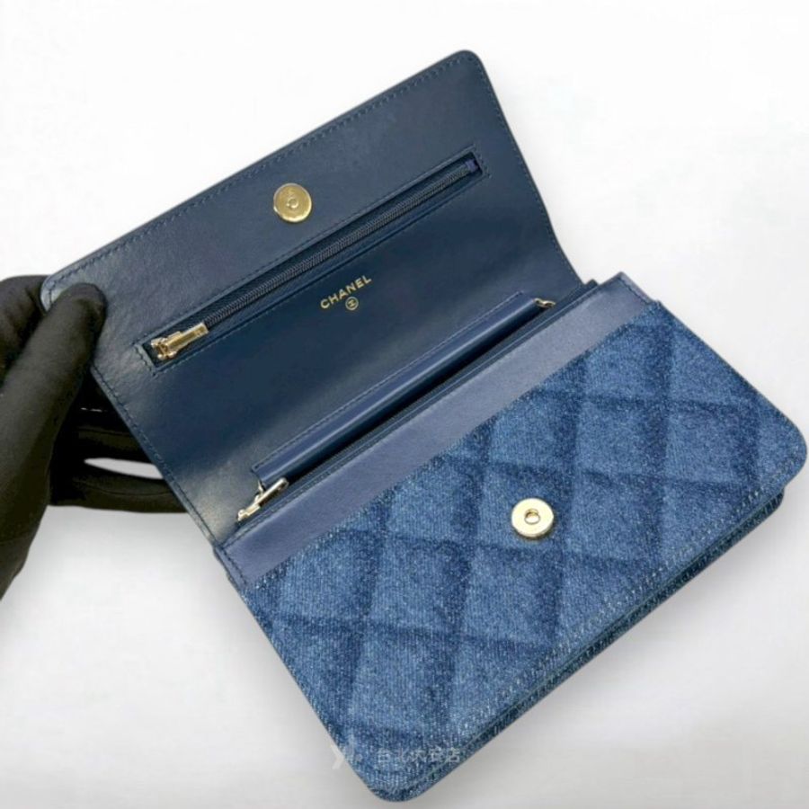 A13411-CHANEL 藍色單寧布菱格紋淡金釦WOC鍊帶錢包/AP0250-5