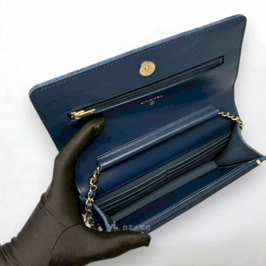 A13411-CHANEL 藍色單寧布菱格紋淡金釦WOC鍊帶錢包/AP0250-6