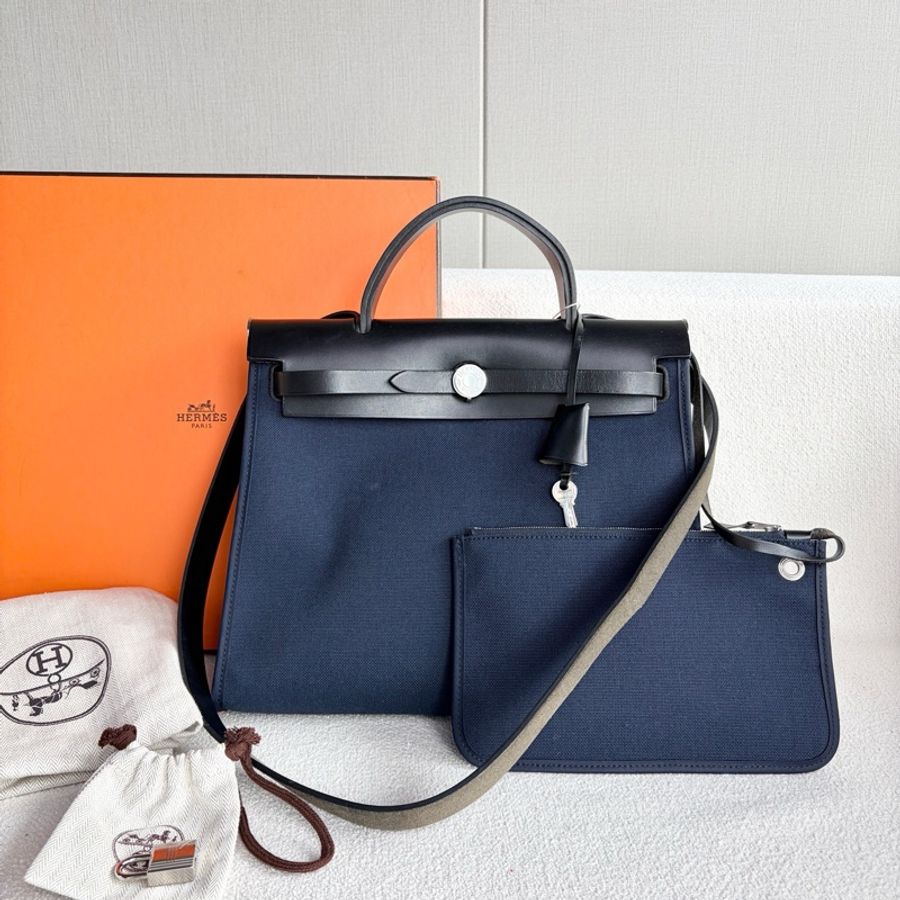 Hermes 愛馬仕 Herbag 31 帆布拼皮 藍色拼皮 銀扣-0
