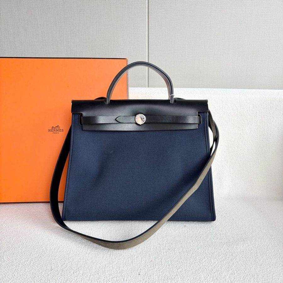 Hermes 愛馬仕 Herbag 31 帆布拼皮 藍色拼皮 銀扣-1