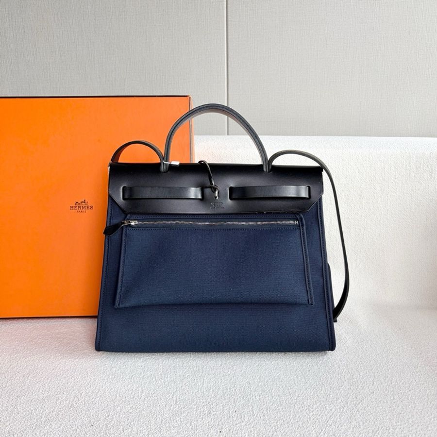 Hermes 愛馬仕 Herbag 31 帆布拼皮 藍色拼皮 銀扣-2
