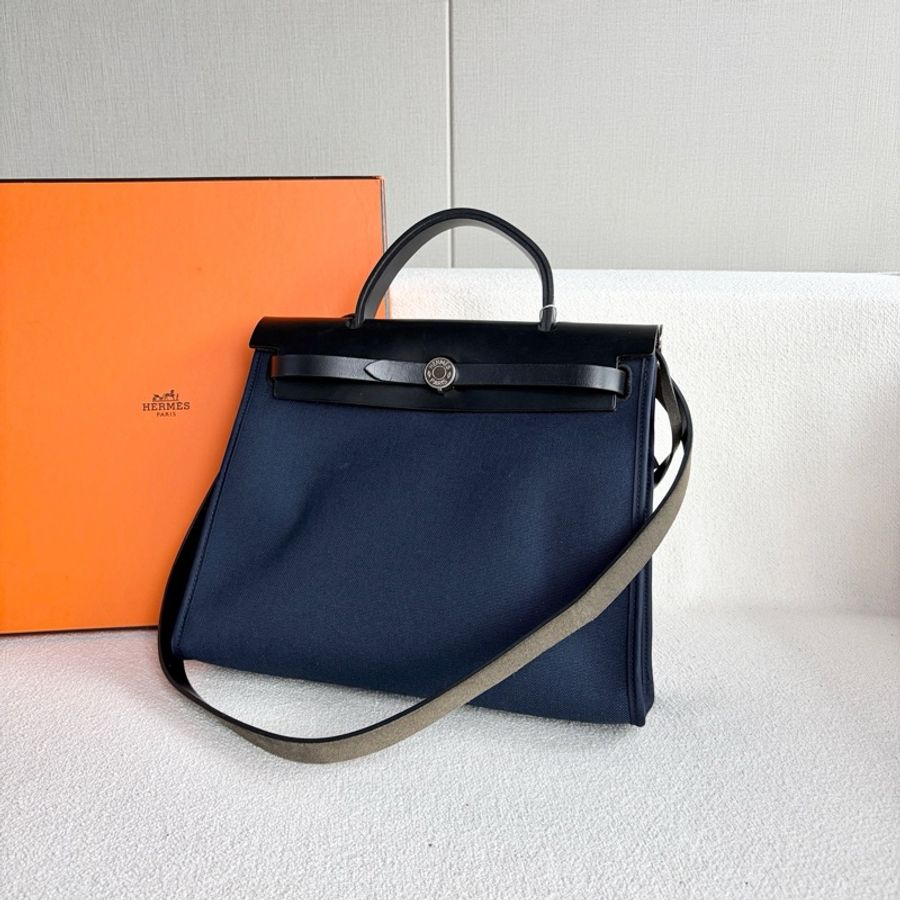 Hermes 愛馬仕 Herbag 31 帆布拼皮 藍色拼皮 銀扣-3