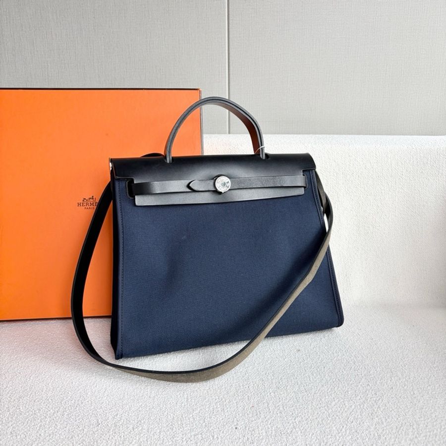 Hermes 愛馬仕 Herbag 31 帆布拼皮 藍色拼皮 銀扣-5