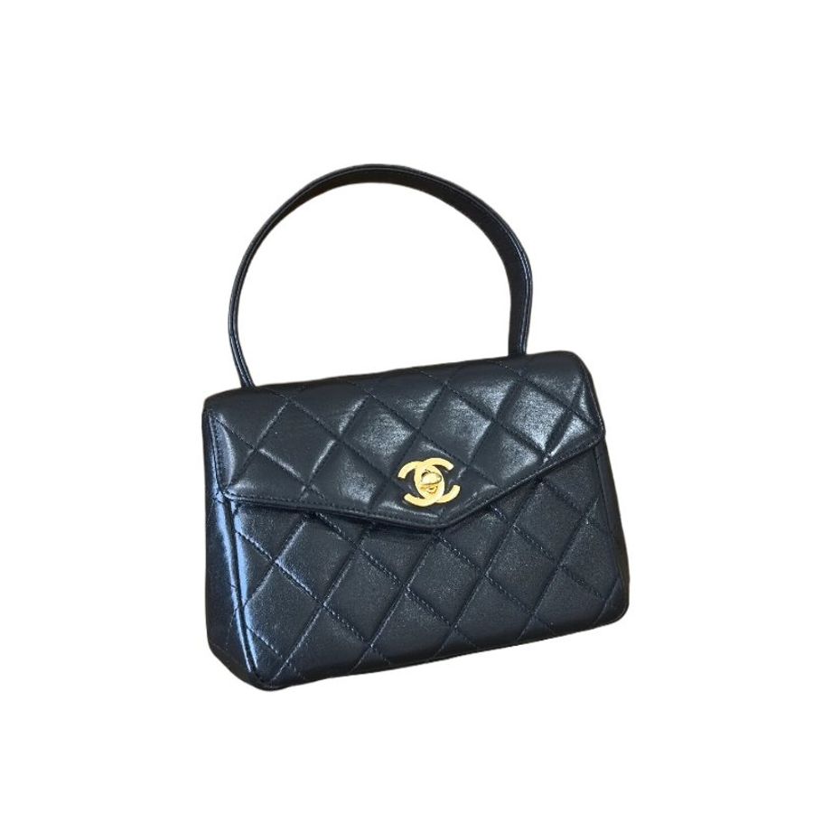 Chanel香奈兒菱格紋黑金雙C扣手提晚宴包-12