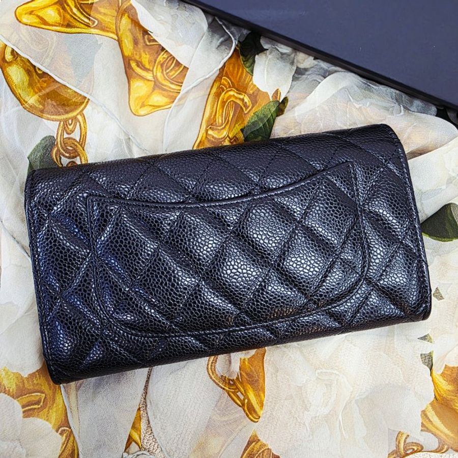 閒置未使用 新款CHANEL 黑金 信封式翻蓋長夾  芯片款-15