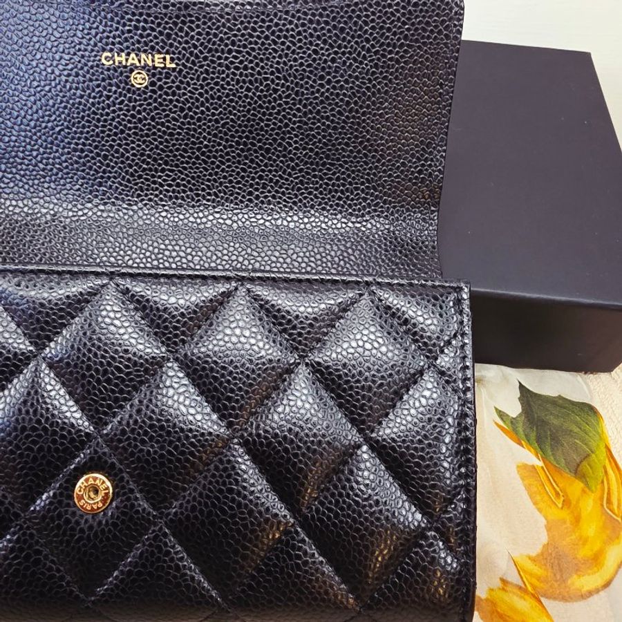 閒置未使用 新款CHANEL 黑金 信封式翻蓋長夾  芯片款-33