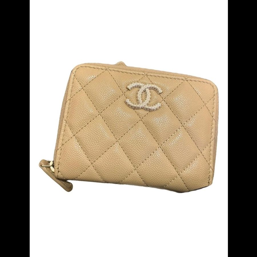Chanel 香奈兒 荔枝 魚子醬皮 中型錢包 短夾 可放紙幣 奶茶色 杏色-0