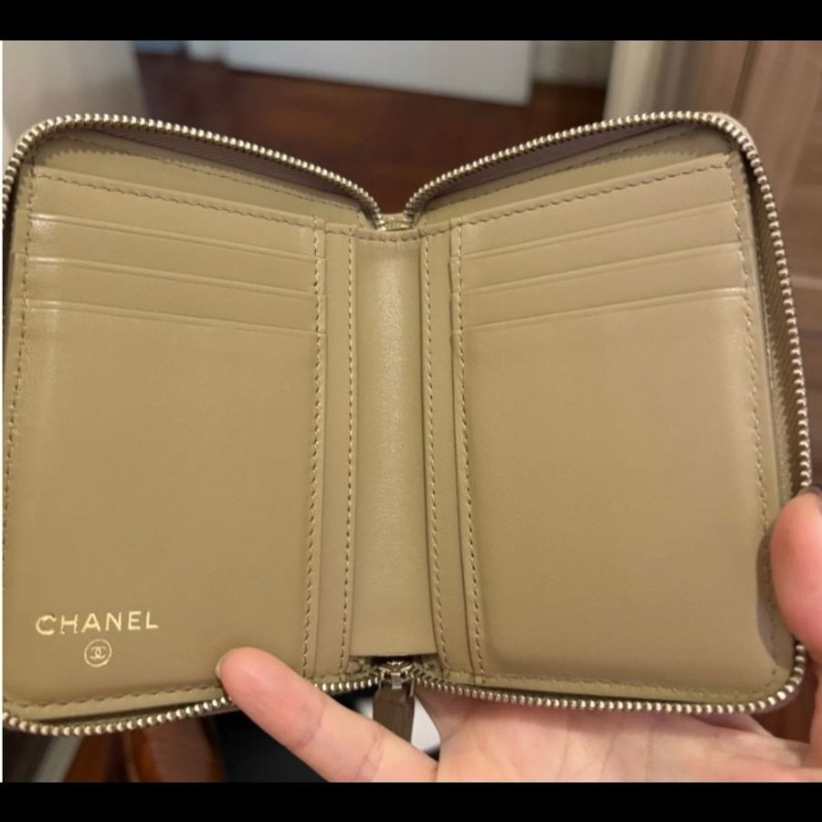 Chanel 香奈兒 荔枝 魚子醬皮 中型錢包 短夾 可放紙幣 奶茶色 杏色-2