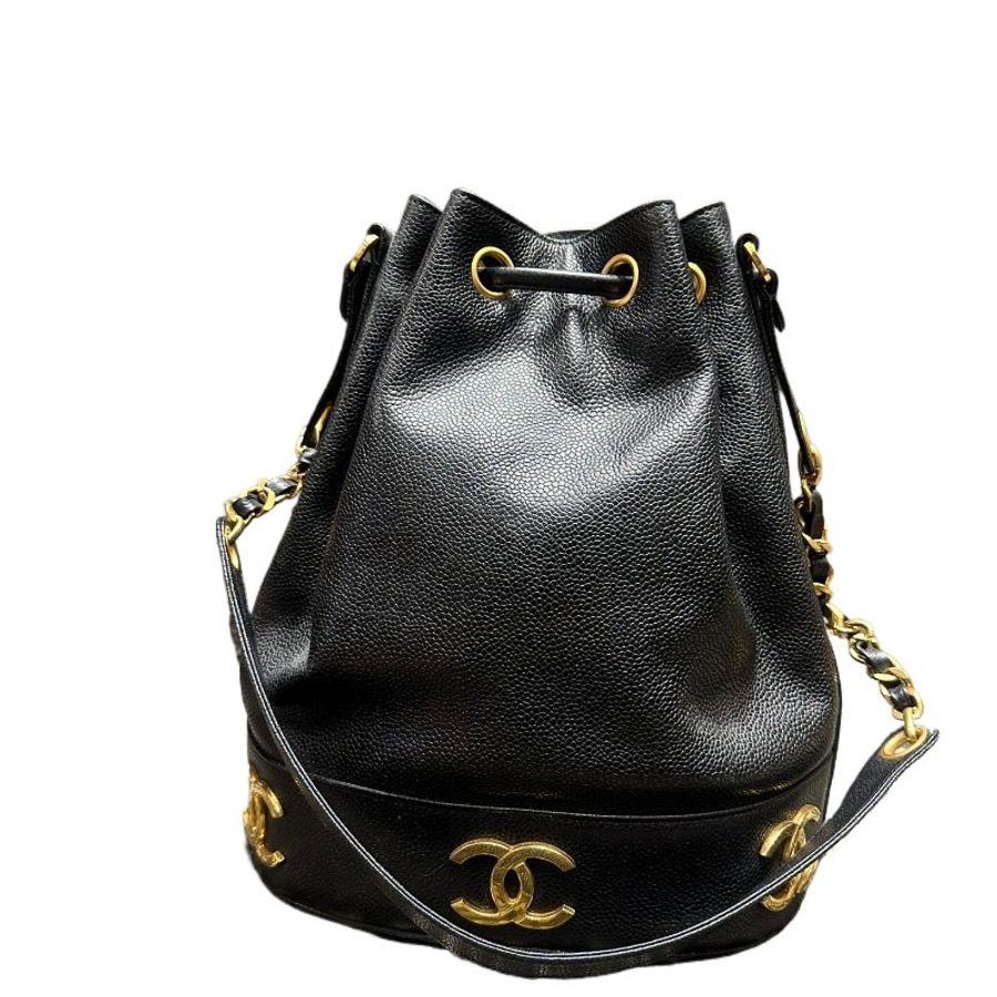Chanel香奈兒黑金魚子醬雙金球雙Clogo水桶包-3