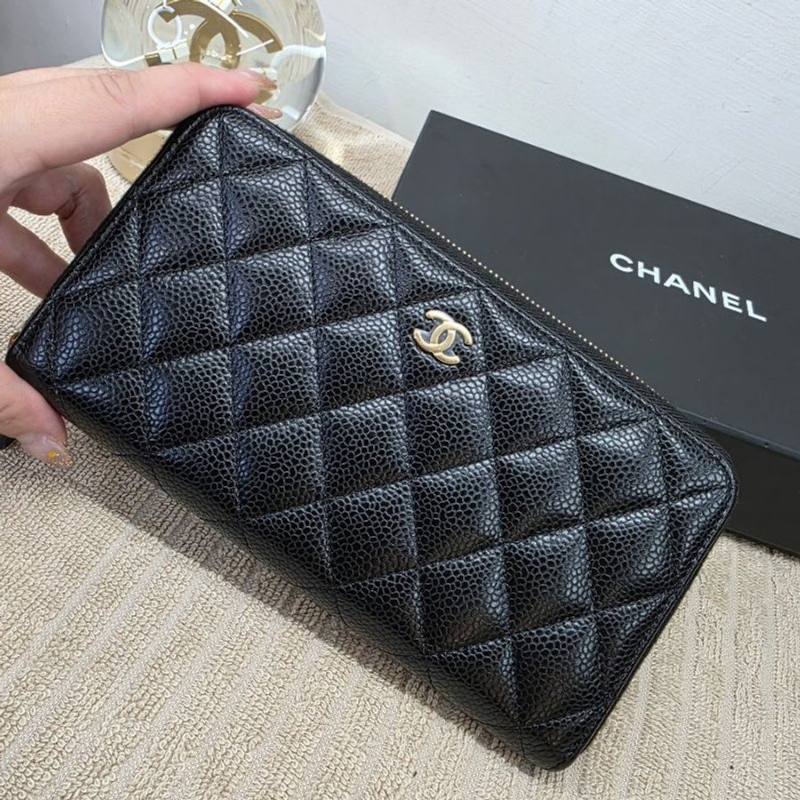 閒置 近新 CHANEL黑金荔枝紋拉鍊長夾-芯片款-0