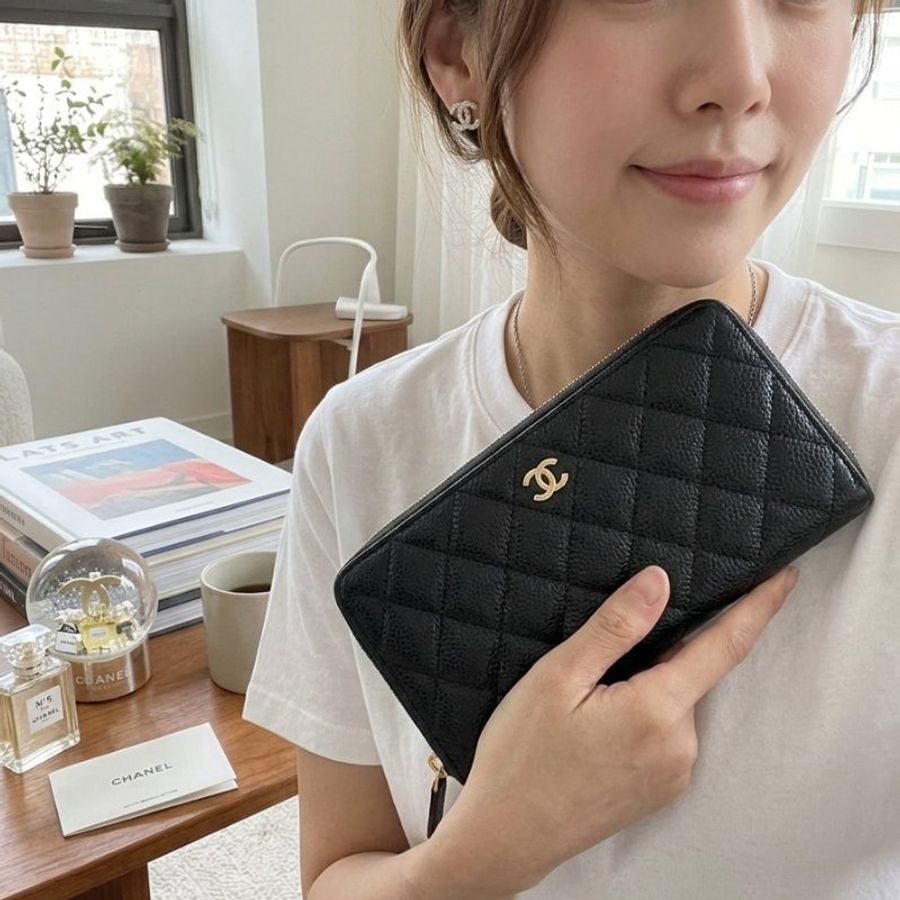 閒置 近新 CHANEL黑金荔枝紋拉鍊長夾-芯片款-3