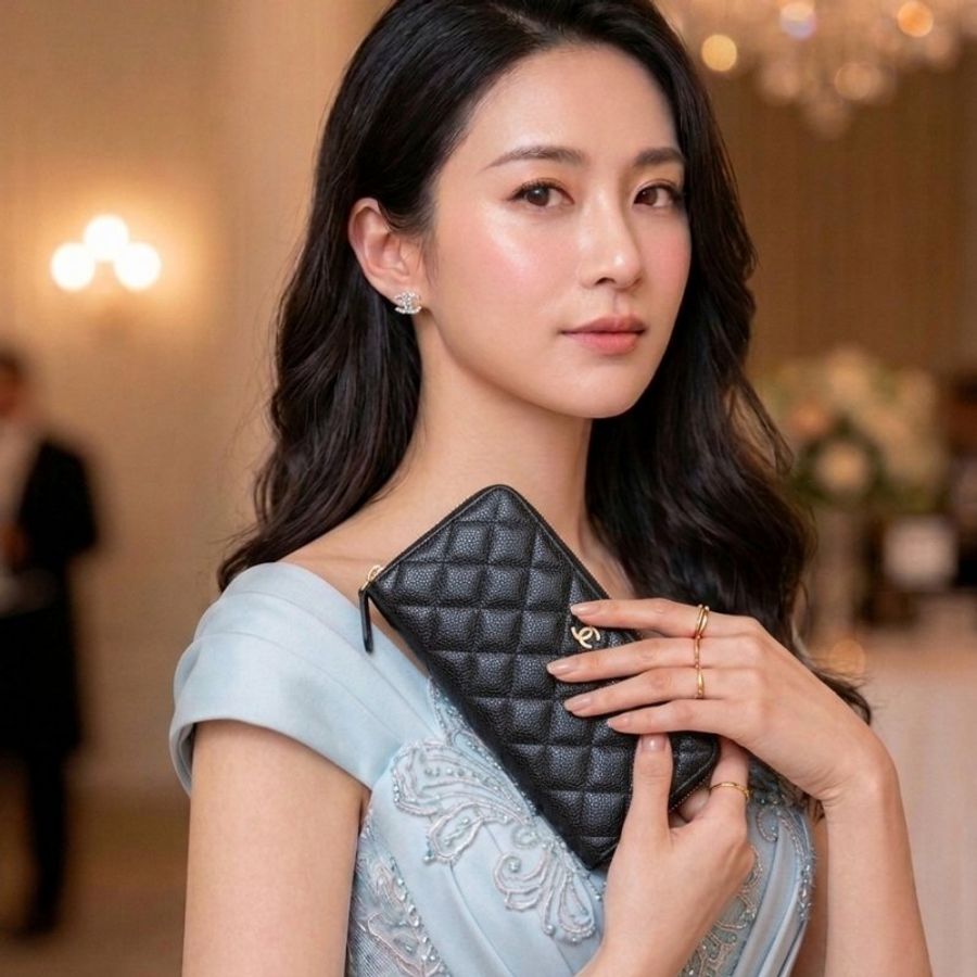 閒置 近新 CHANEL黑金荔枝紋拉鍊長夾-芯片款-4