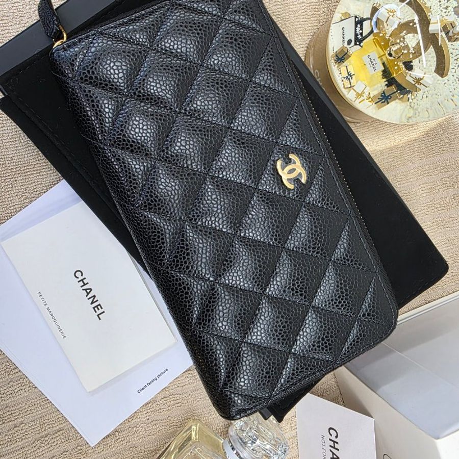 閒置 近新 CHANEL黑金荔枝紋拉鍊長夾-芯片款-6