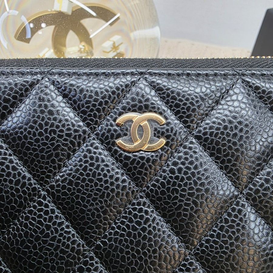 閒置 近新 CHANEL黑金荔枝紋拉鍊長夾-芯片款-10