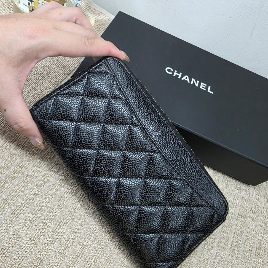 閒置 近新 CHANEL黑金荔枝紋拉鍊長夾-芯片款-14