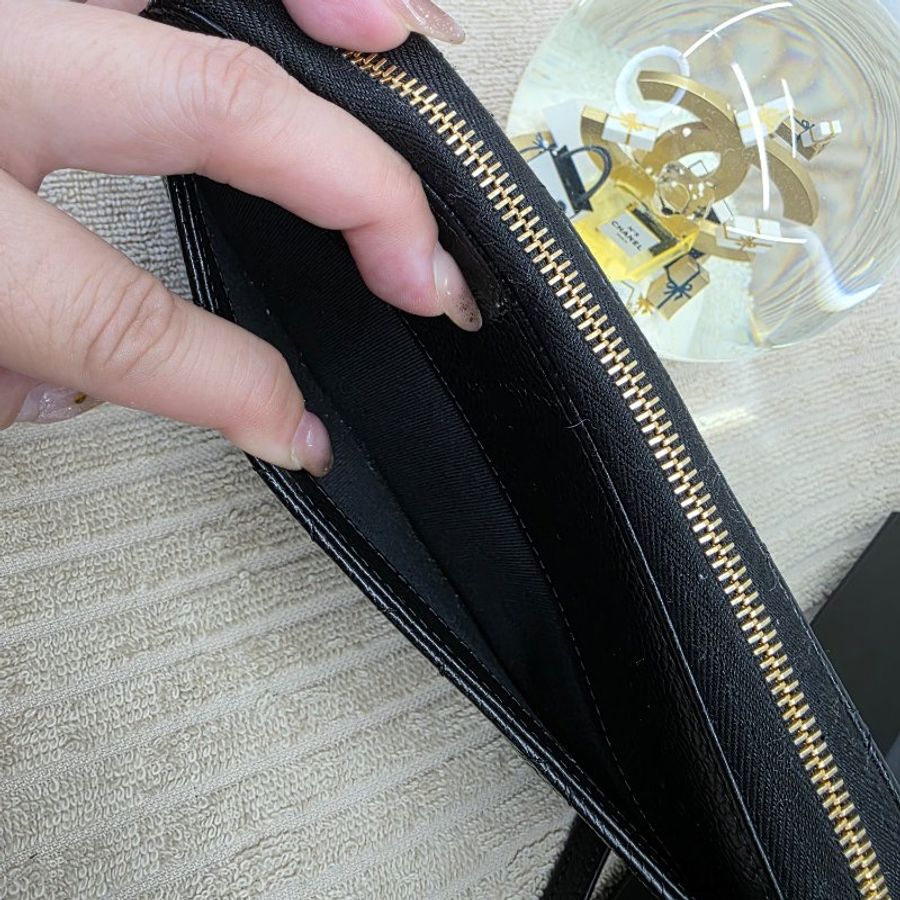 閒置 近新 CHANEL黑金荔枝紋拉鍊長夾-芯片款-20