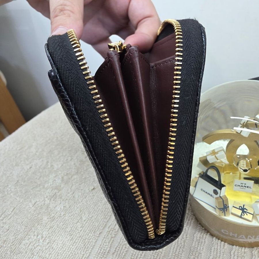 閒置 近新 CHANEL黑金荔枝紋拉鍊長夾-芯片款-25