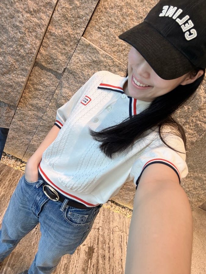Miumiu Tennis系列 藍紅滾邊polo領針織上衣-8