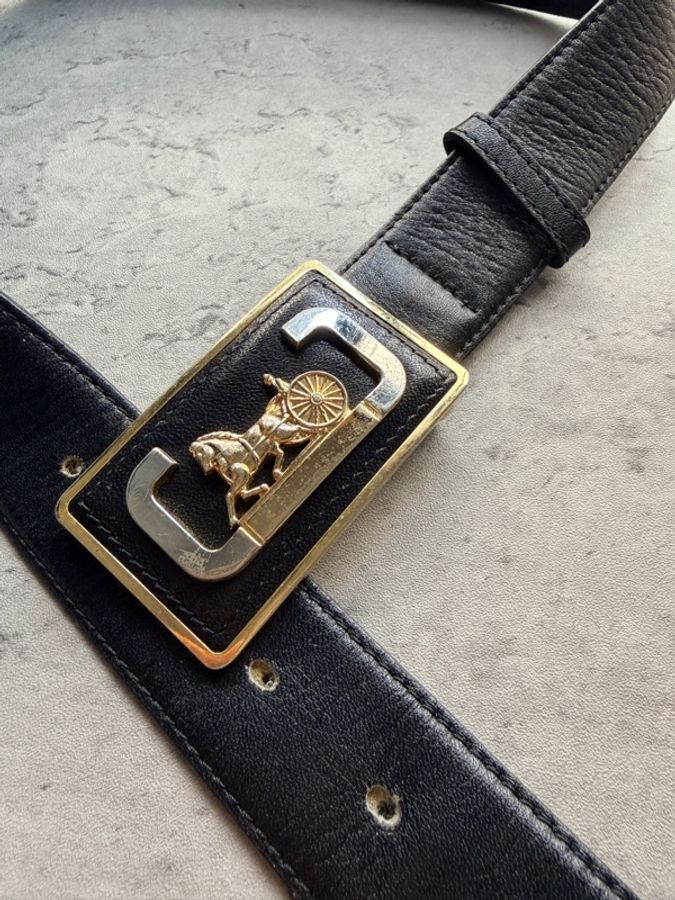 :Celine 復古金銀雙色馬車扣經典黑色皮革腰帶(Size 65)-4