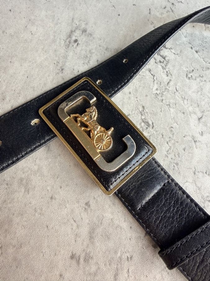:Celine 復古金銀雙色馬車扣經典黑色皮革腰帶(Size 65)-5