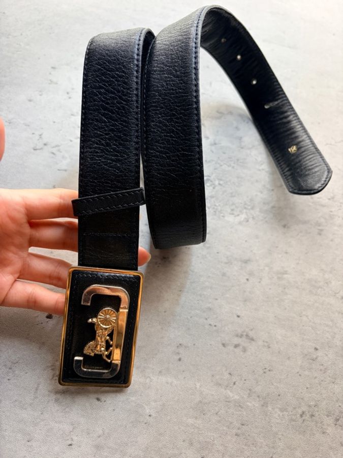 :Celine 復古金銀雙色馬車扣經典黑色皮革腰帶(Size 65)-7