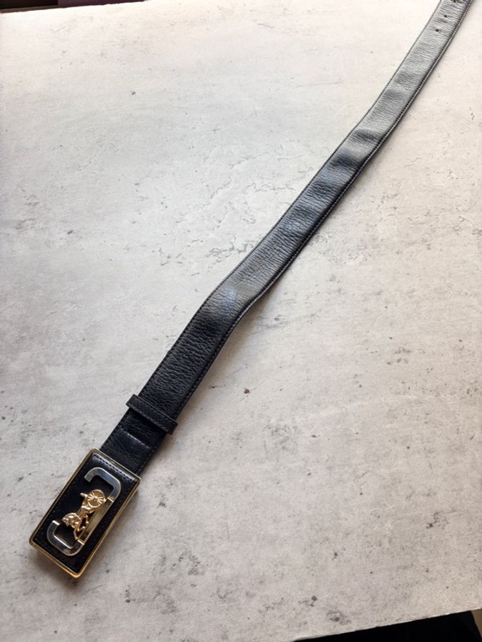 :Celine 復古金銀雙色馬車扣經典黑色皮革腰帶(Size 65)-11